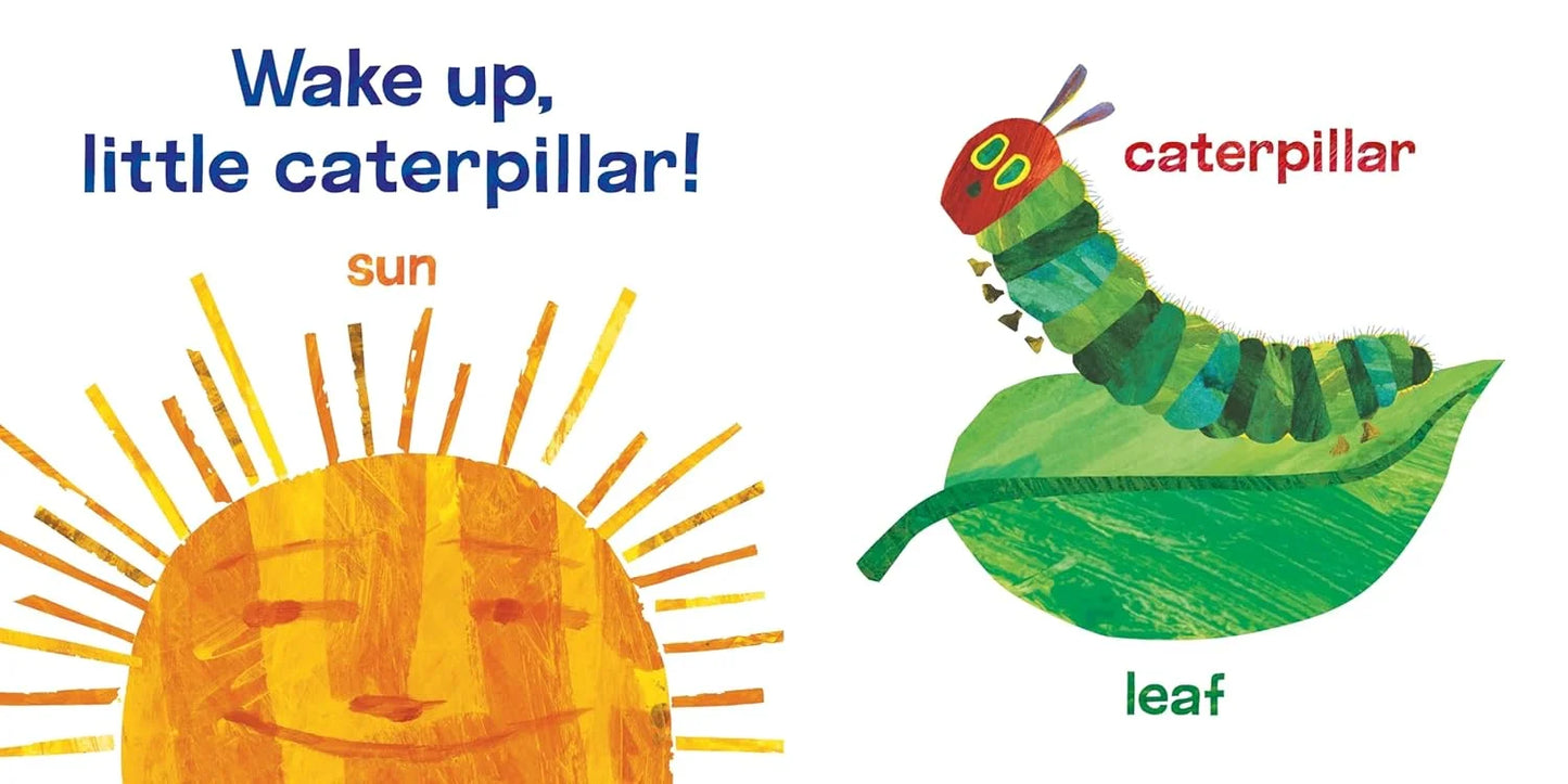Illustration of a caterpillar on a leaf with text 'Wake up, little caterpillar!' and 'sun' and 'leaf' labels.