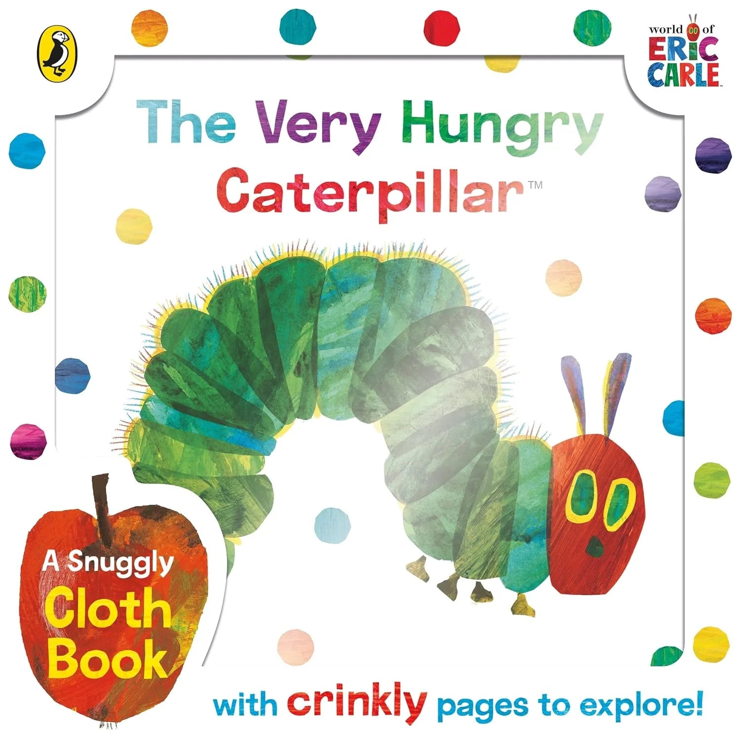 Book cover of 'The Very Hungry Caterpillar' with colorful caterpillar illustration and text about a snuggly cloth book.