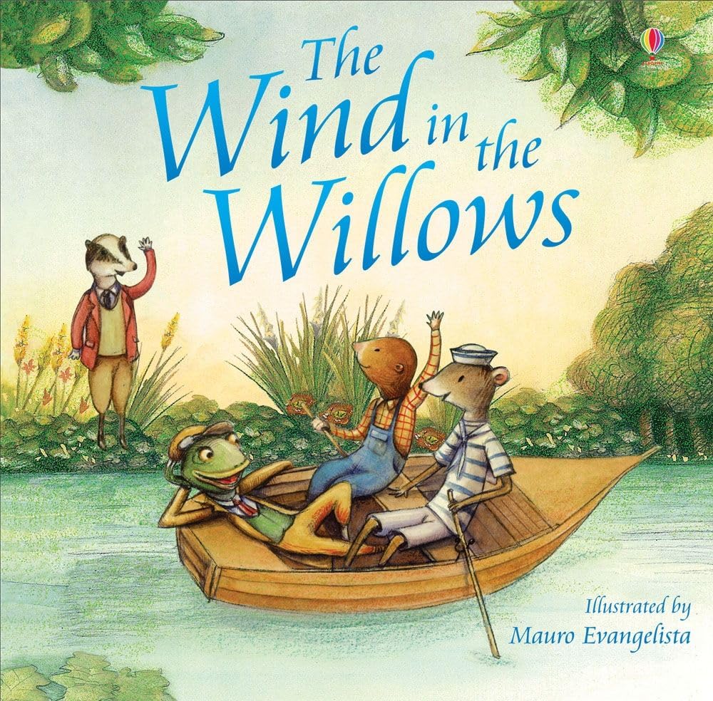 Book cover of 'The Wind in the Willows' with illustrations of animals by a river.