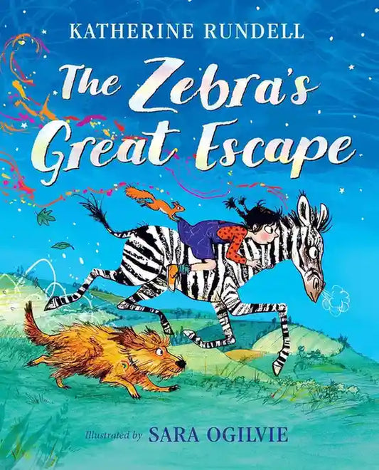 Book cover of 'The Zebra's Great Escape' with a zebra and dog running, against a blue sky.