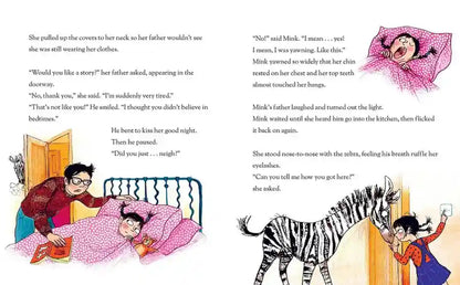 Illustrated book page with a cartoon character and a zebra, featuring text.