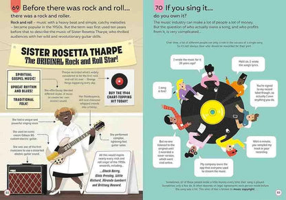 A two-page educational infographic about Sister Rosetta Tharp, featuring text, illustrations of musical instruments, and a cartoon character on a split teal and cream background.