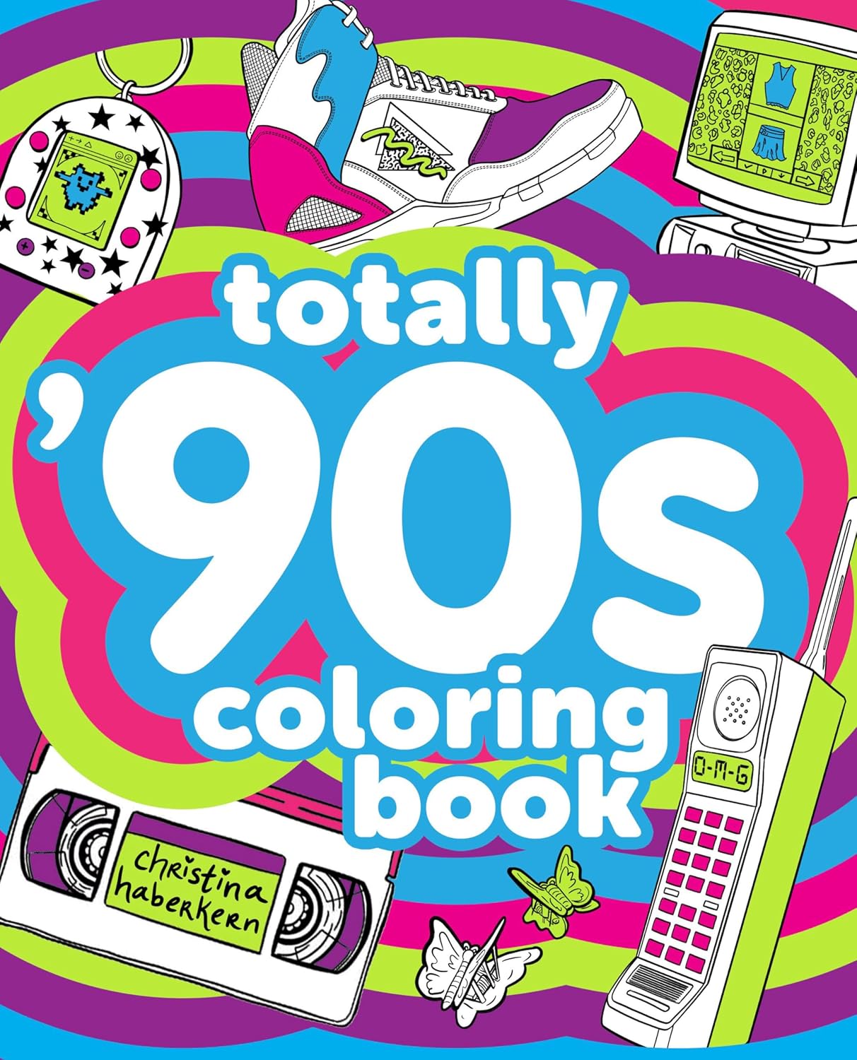 Front cover of a children's coloring book titled "totally '90s coloring book" with colorful retro illustrations including a shoe, handheld game console, computer monitor, cassette tape, walkie-talkie, scissors, and butterflies on a striped background.