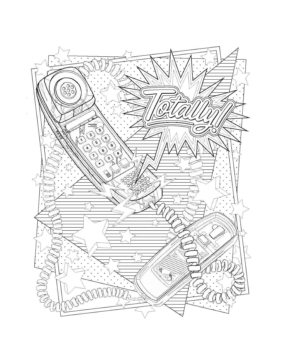 Black and white line art illustration featuring two flip phones, stars, comic-style speech bubbles, and the word 'Totally!' on a plain white background.