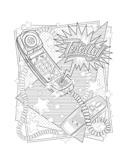 Black and white line art illustration featuring two flip phones, stars, comic-style speech bubbles, and the word 'Totally!' on a plain white background.