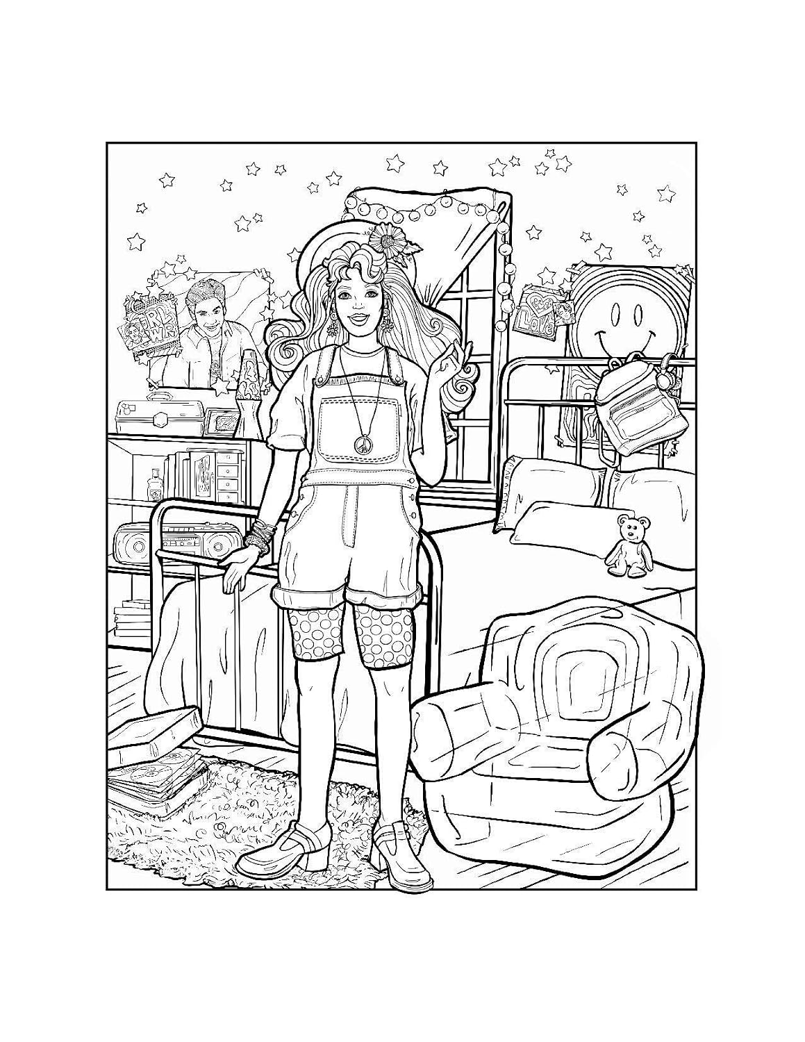 Black and white line art illustration of a girl standing in a bedroom with a bed, armchair, desk, and star decorations, shown on a white background.