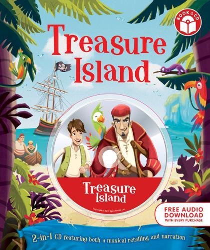 Book and CD cover of 'Treasure Island' with pirate-themed illustration.