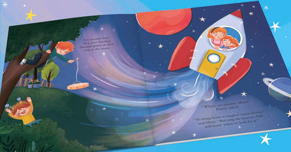 An open children's picture book spread showing a colorful outer-space scene with a rocket ship, planets, stars, and children in a treehouse scene. The pages are photographed against a light blue background with star graphics.