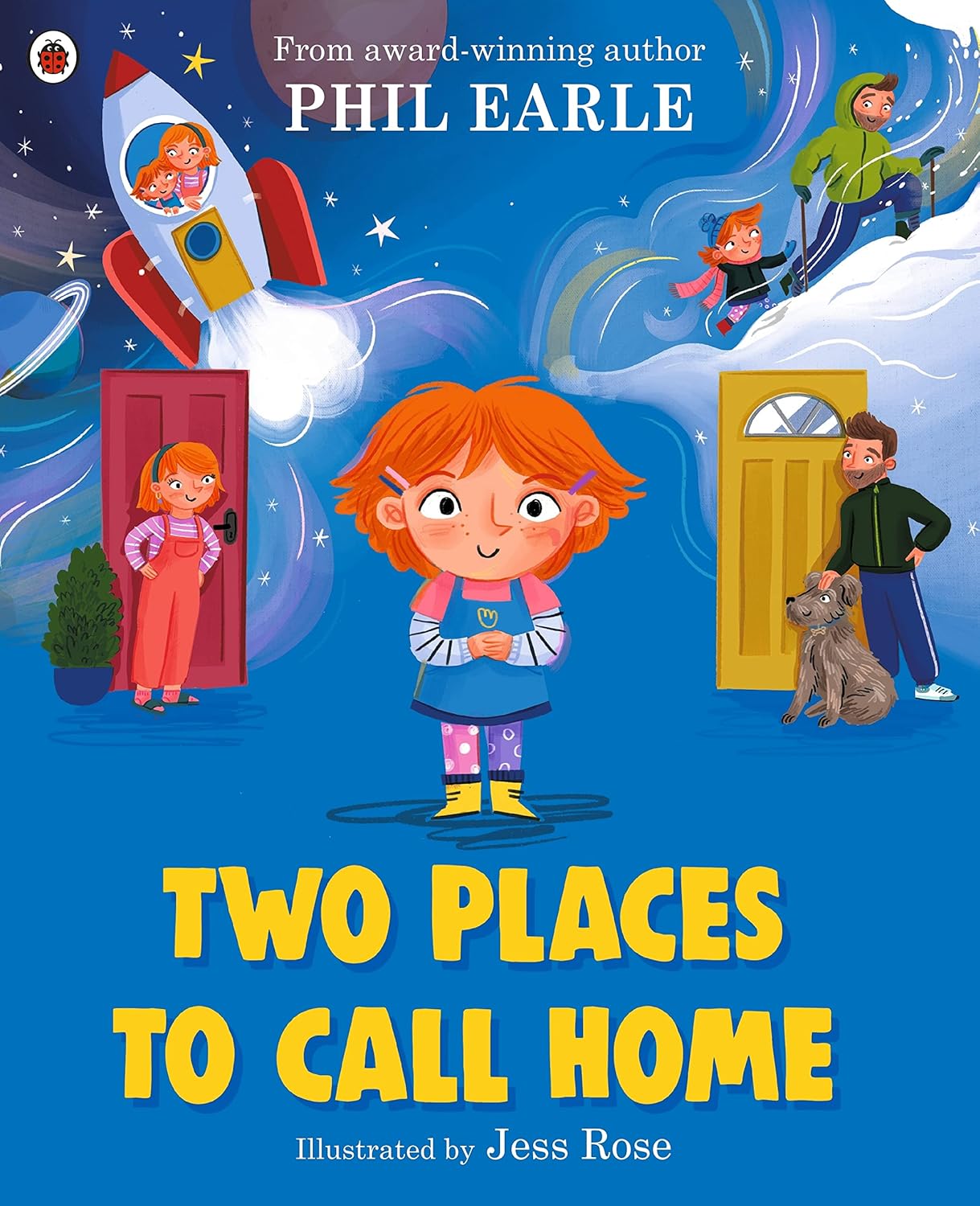 Book cover of 'Two Places to Call Home' by Phil Earle with colorful illustrations of children and a rocket ship.