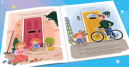 An open children's picture book spread showing two illustrated family scenes with text. The left page shows two children gardening by a pink door, and the right page shows a boy riding a bicycle beside a yellow door with a dog.