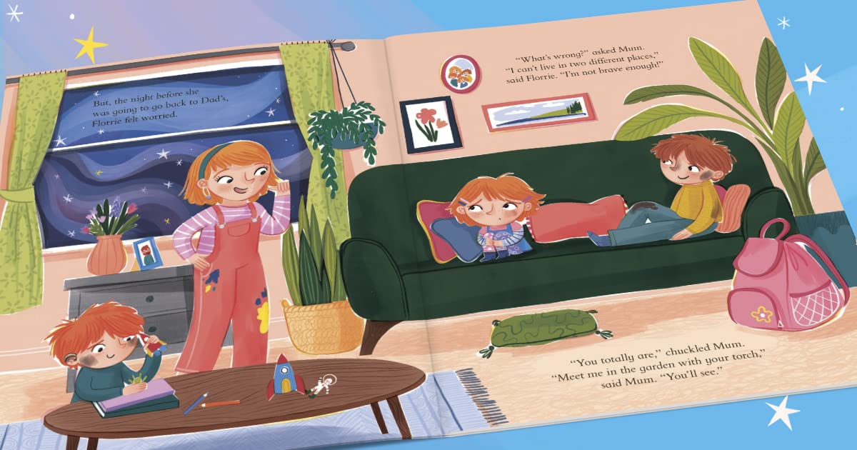 An illustrated open children's book spread showing a cozy living room scene with three children at different times of day, including text bubbles and decorative stars on a light blue background.
