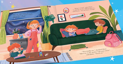 An illustrated open children's book spread showing a cozy living room scene with three children at different times of day, including text bubbles and decorative stars on a light blue background.