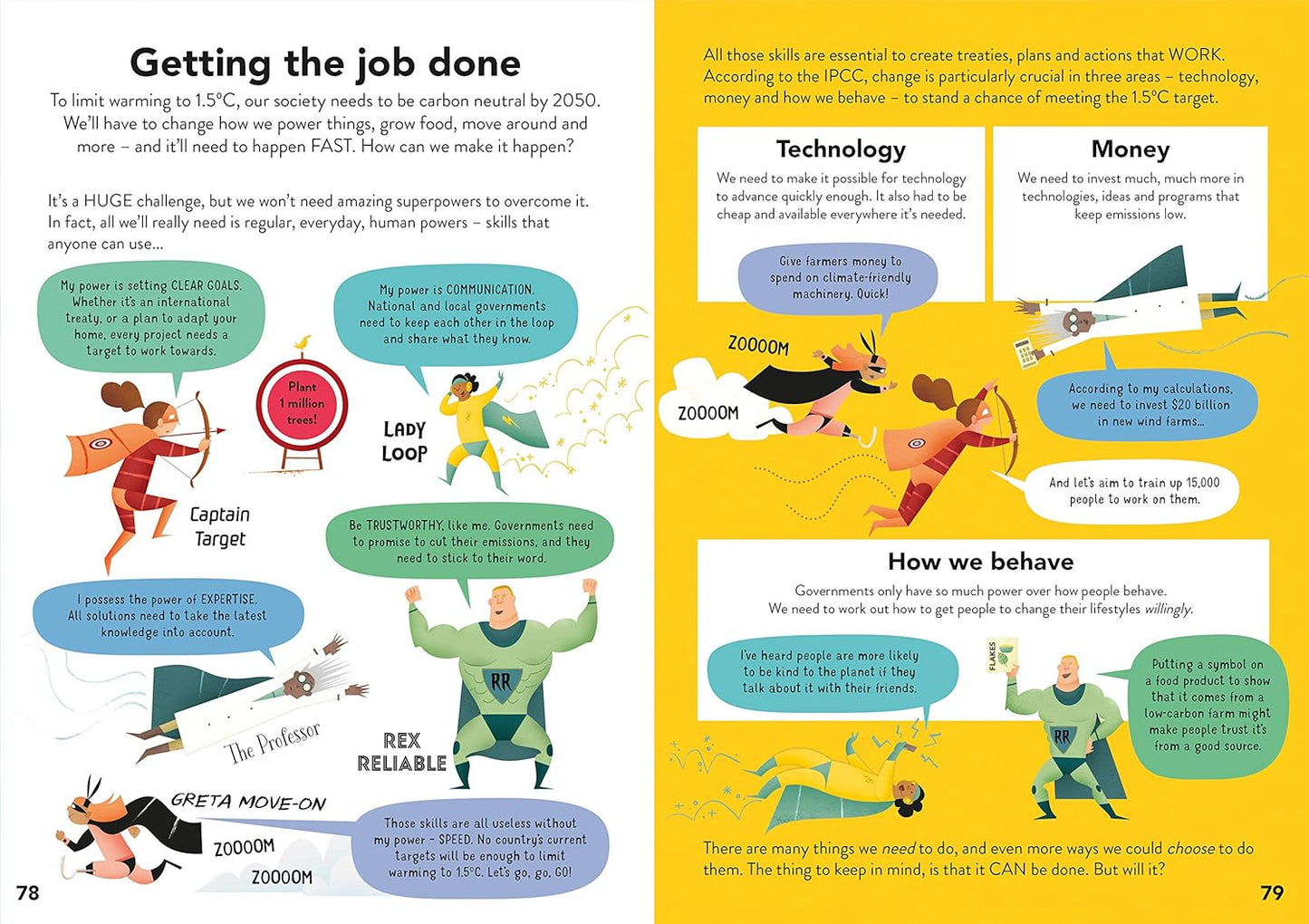 A two-page educational infographic spread titled 'Getting the job done' with cartoon illustrations, text blocks, and colorful diagrams about productivity, technology, money, and behavior.