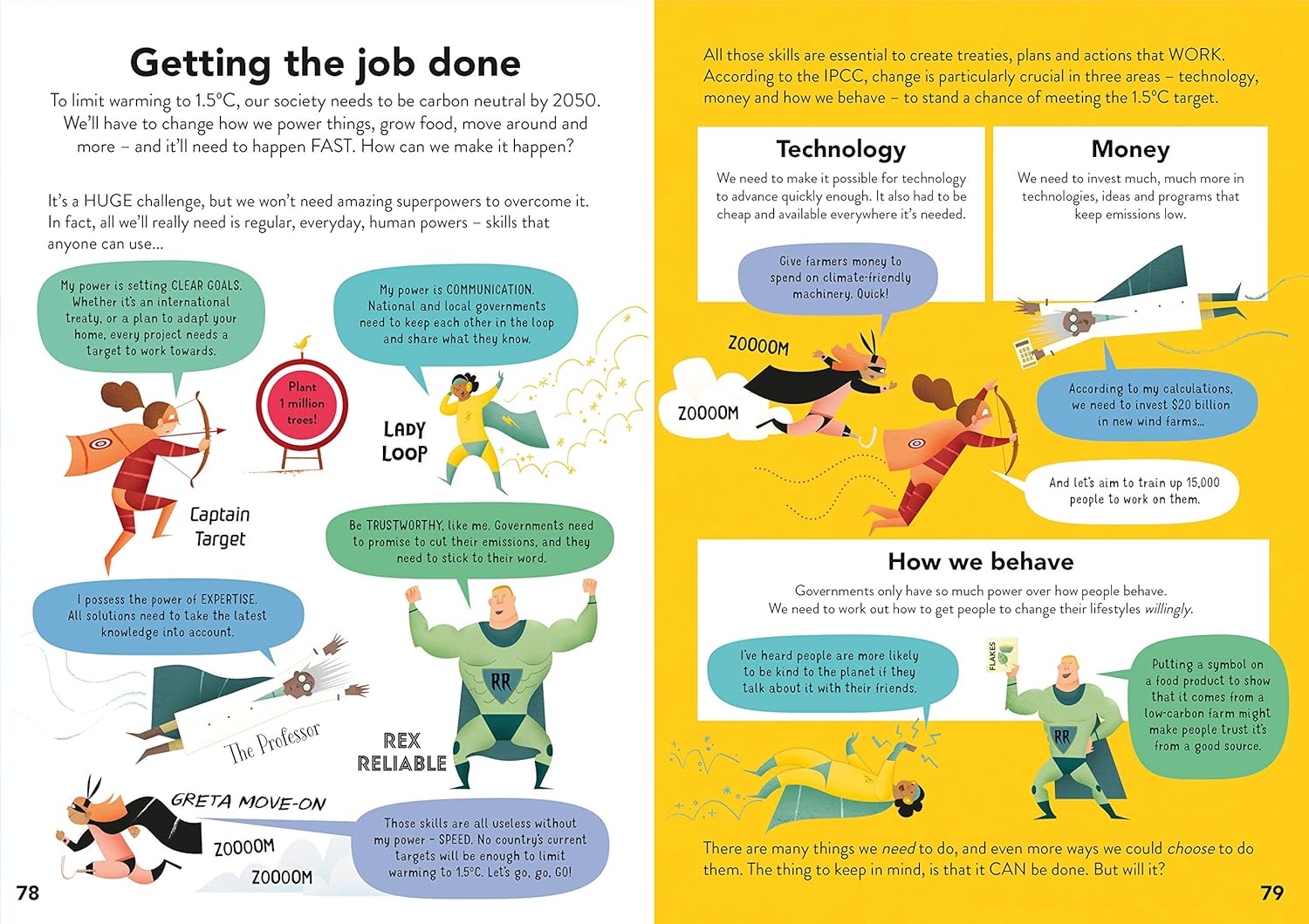 A two-page educational infographic spread titled 'Getting the job done' with cartoon illustrations, text blocks, and colorful diagrams about productivity, technology, money, and behavior.