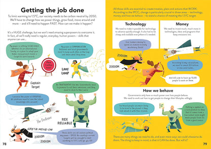 A two-page educational infographic spread titled 'Getting the job done' with cartoon illustrations, text blocks, and colorful diagrams about productivity, technology, money, and behavior.