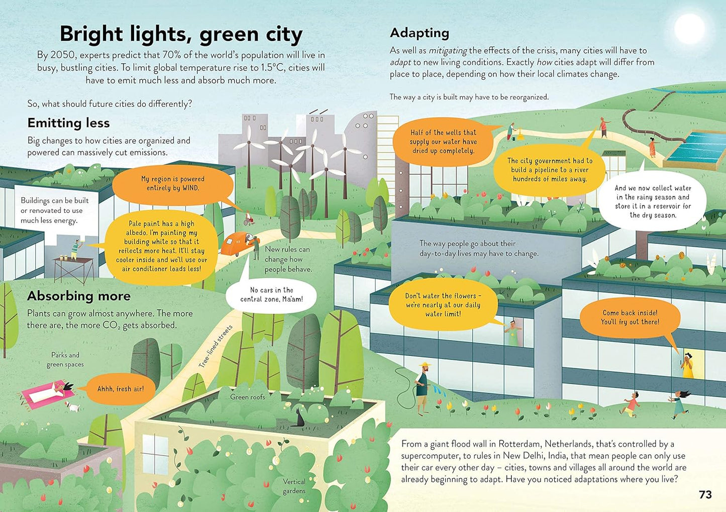 A colorful educational infographic poster titled 'Bright lights, green city' with illustrations of a city skyline, climate change impacts, and explanatory text blocks with speech bubbles.