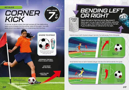 Futbol instruction manual with illustrations and text on corner kick and ball bending techniques.