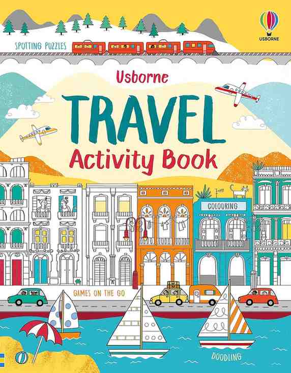 Front cover of the Usborne Travel Activity Book, featuring a colorful travel-themed illustration with buildings, boats, cars, and the title 'TRAVEL Activity Book' in large text.