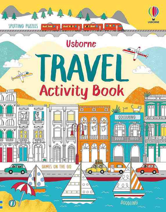 Front cover of the Usborne Travel Activity Book, featuring a colorful travel-themed illustration with buildings, boats, cars, and the title 'TRAVEL Activity Book' in large text.