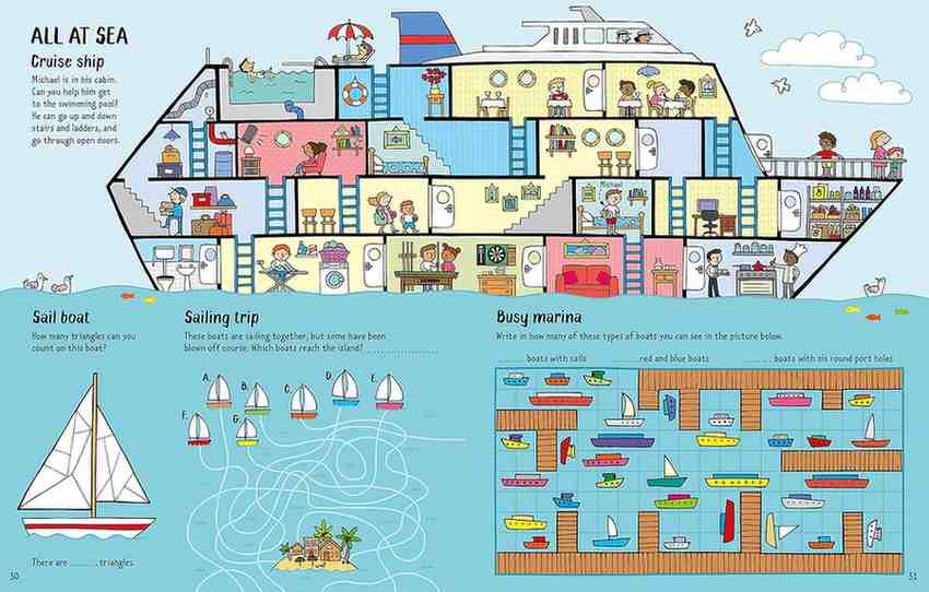 A colorful children's educational poster titled 'ALL AT SEA' featuring a cartoon cruise ship cross-section, sailing trip illustrations, and a busy marina section with many small boats and ships.