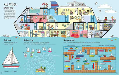 A colorful children's educational poster titled 'ALL AT SEA' featuring a cartoon cruise ship cross-section, sailing trip illustrations, and a busy marina section with many small boats and ships.