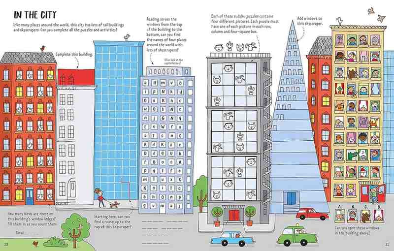 Illustrated cityscape with buildings and animals, educational content on animals and their habitats.