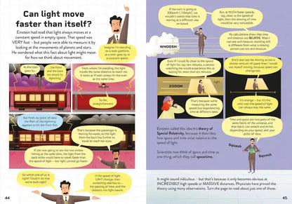 Educational illustration about light moving faster than itself, featuring a character in a suit and tie.