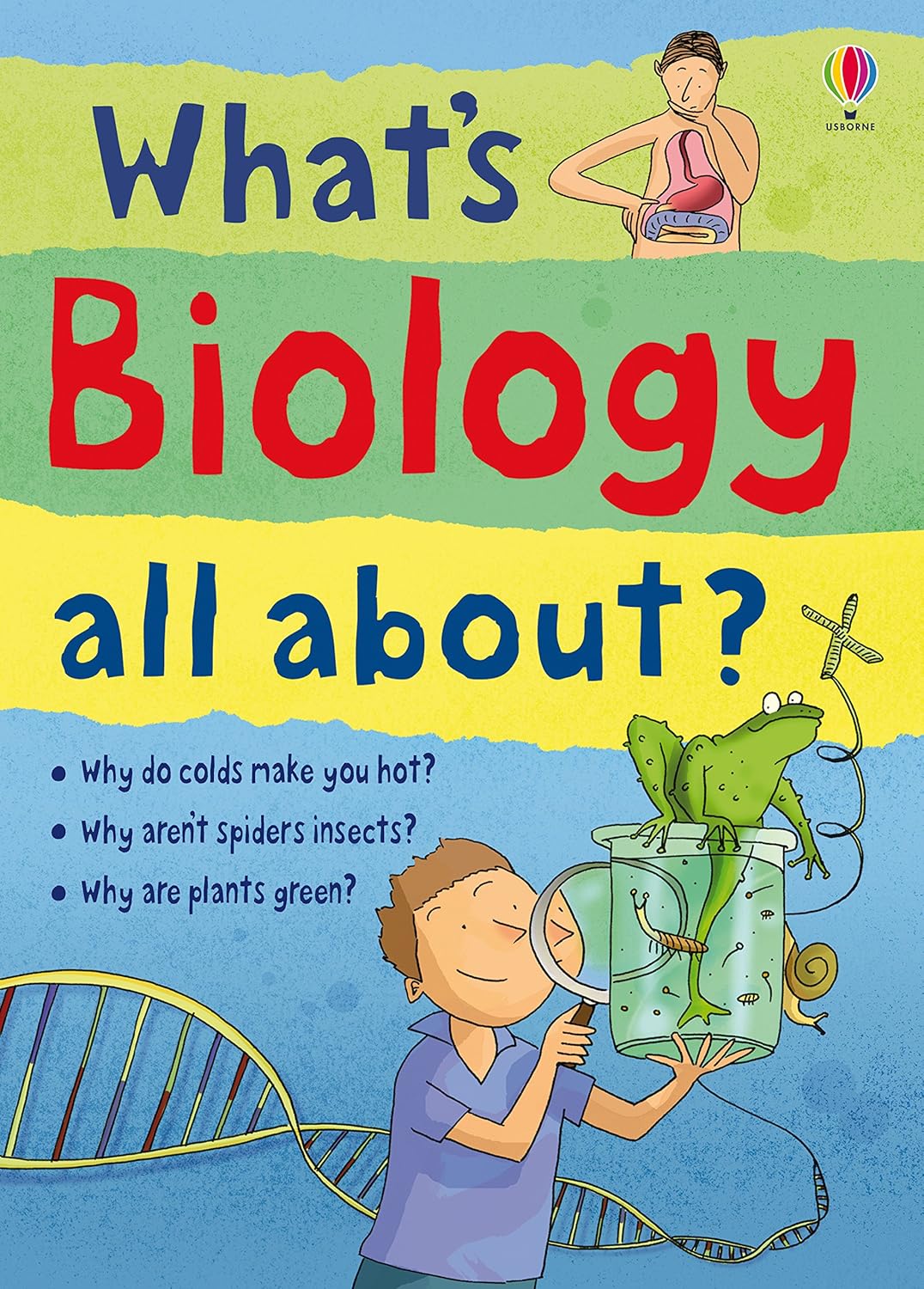 Children's book cover titled "What's Biology all about?" with large red and blue text on a striped background and cartoon illustrations of a person holding a magnifying glass, a green frog in a jar, a snake, and a DNA double helix on a blue background.