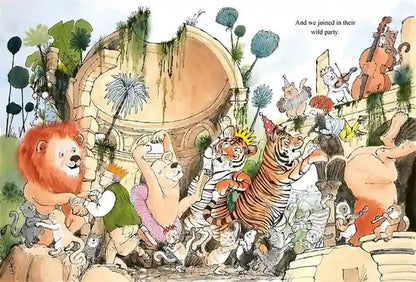 Illustration of animals in a jungle setting with a large tree stump and plants.