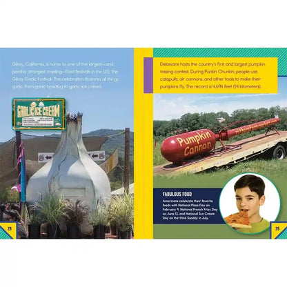 Page from a book showing a pumpkin cannon and a child with pizza, with text about pumpkin festivals and food days.
