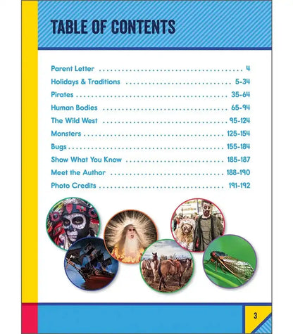 Table of contents from a book with colorful sections and images.