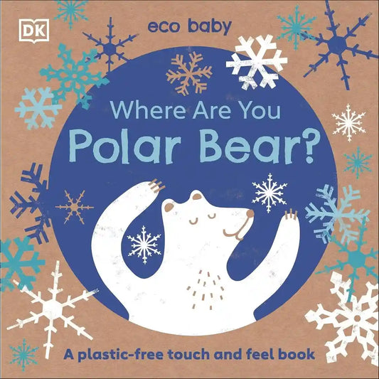 Book cover of 'Where Are You Polar Bear?' with a polar bear illustration and snowflakes on a brown background.