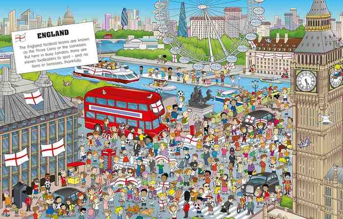 A colorful cartoon-style illustration of London, England, showing a crowded street scene with Big Ben, the London Eye, a red double-decker bus, boats on the river, and many small people. A white text box at upper left reads 'ENGLAND' with a small flag graphic and descriptive text.