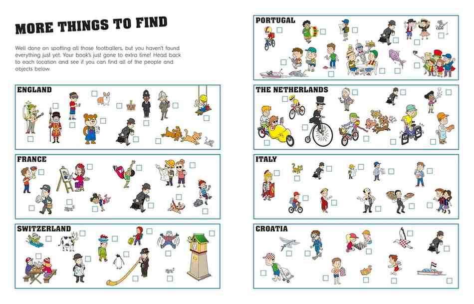 A children's travel-themed educational poster titled 'MORE THINGS TO FIND' with country headers for England, France, Switzerland, Portugal, The Netherlands, Italy, Croatia, and a blank section for another country. The poster features many small illustrated people and objects, each with a check box underneath, on a white background with black text and blue border lines.