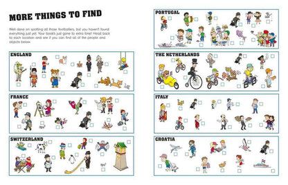 A children's travel-themed educational poster titled 'MORE THINGS TO FIND' with country headers for England, France, Switzerland, Portugal, The Netherlands, Italy, Croatia, and a blank section for another country. The poster features many small illustrated people and objects, each with a check box underneath, on a white background with black text and blue border lines.