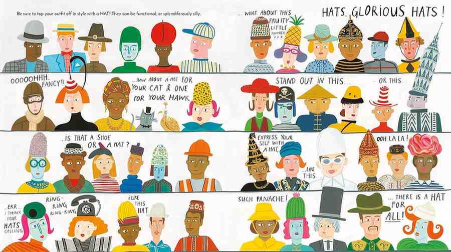 A colorful illustrated poster or print showing many cartoon people wearing different hats, arranged in rows with small text labels. The artwork is highly varied in color and style, with no single physical product isolated against a studio background.