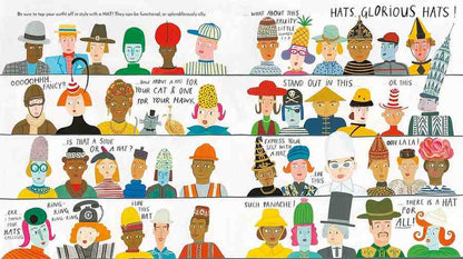 A colorful illustrated poster or print showing many cartoon people wearing different hats, arranged in rows with small text labels. The artwork is highly varied in color and style, with no single physical product isolated against a studio background.