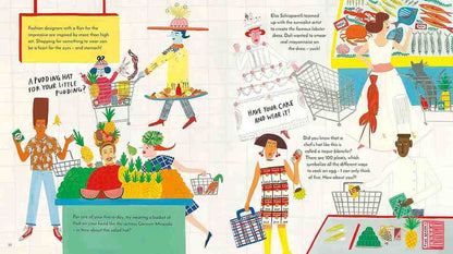 A full-page children's book illustration spread with whimsical cartoon scenes, shopping baskets, text callouts, and colorful illustrations on a white page background.
