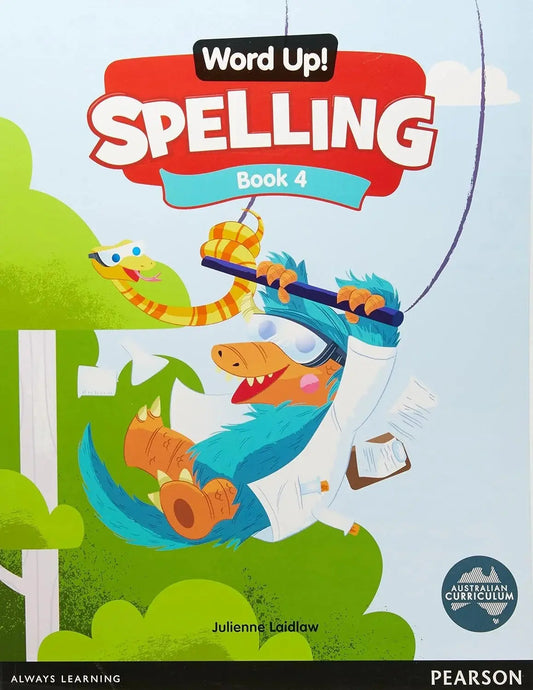 Book cover of 'Word Up! Spelling Book 4' with a cartoon character on a blue background