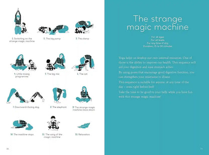 Yoga sequence illustration with text on a blue background