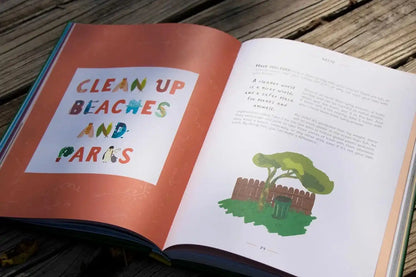 Open book with colorful text and illustration on a wooden surface
