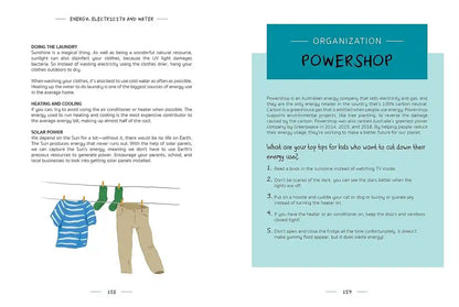 Page from a book about energy, electricity, and water with text and illustrations.