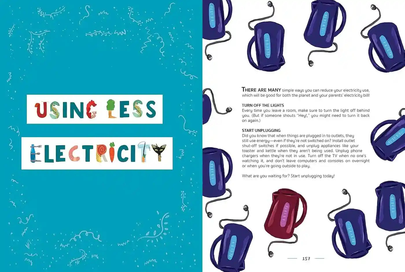 Children's book page about using less electricity with colorful illustrations of appliances.