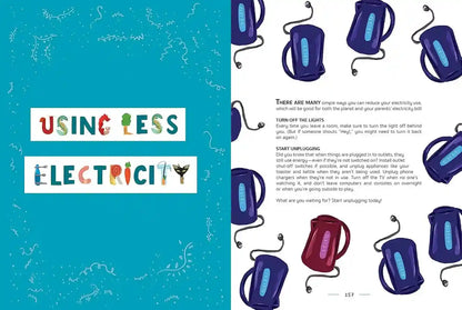 Children's book page about using less electricity with colorful illustrations of appliances.