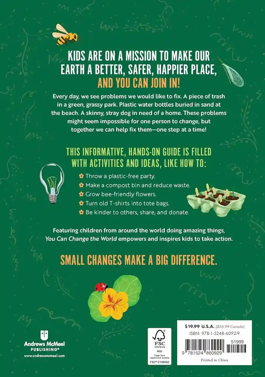 Back cover of a book with environmental message and activities for kids on a green background